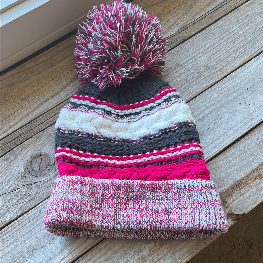 Cozy Knit Pom-Pom Beanie for women - Pink, White, and Gray